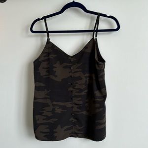Camouflage black & brown silky tank with small decorative button on front